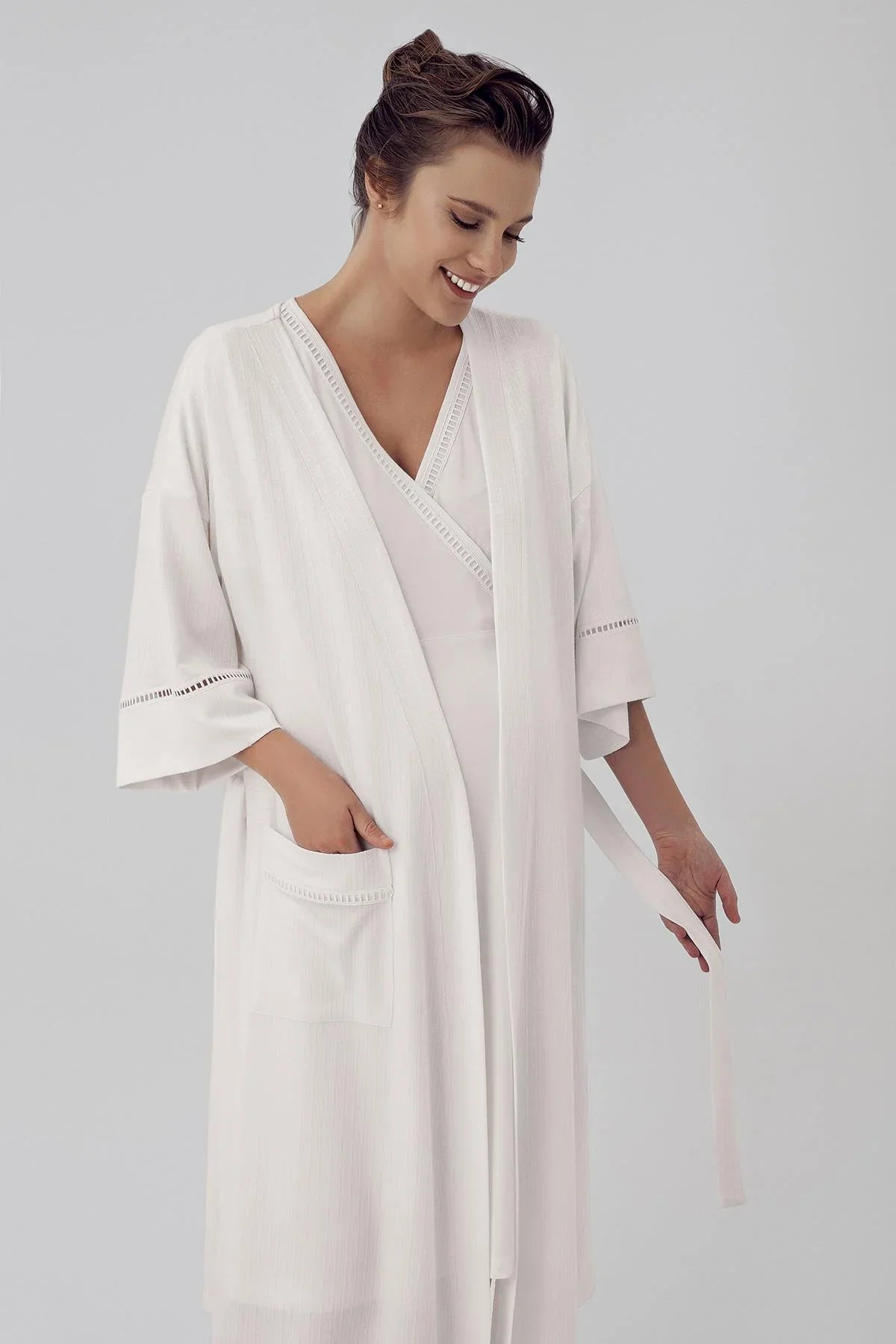 Double Breasted Maternity Feeding-Friendly Nightgown & Robe Set Ecru - S16400