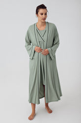 Double Breasted Maternity-Nursing Nightgown & Robe Set Green - 16402