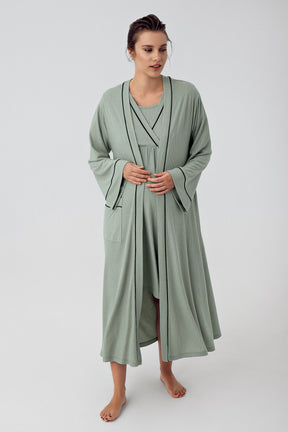 Double Breasted Maternity-Nursing Nightgown & Robe Set Green - 16402