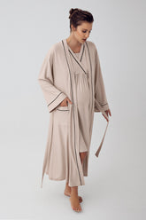 Double Breasted Maternity-Nursing Nightgown & Robe Set Beige - 16402