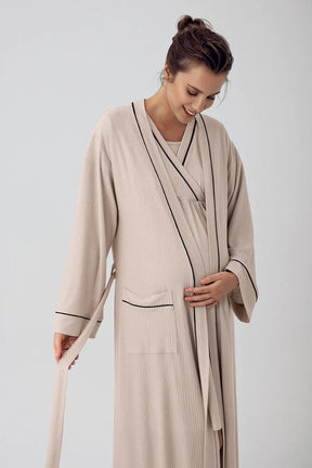 Double Breasted Maternity-Nursing Nightgown & Robe Set Beige - 16402