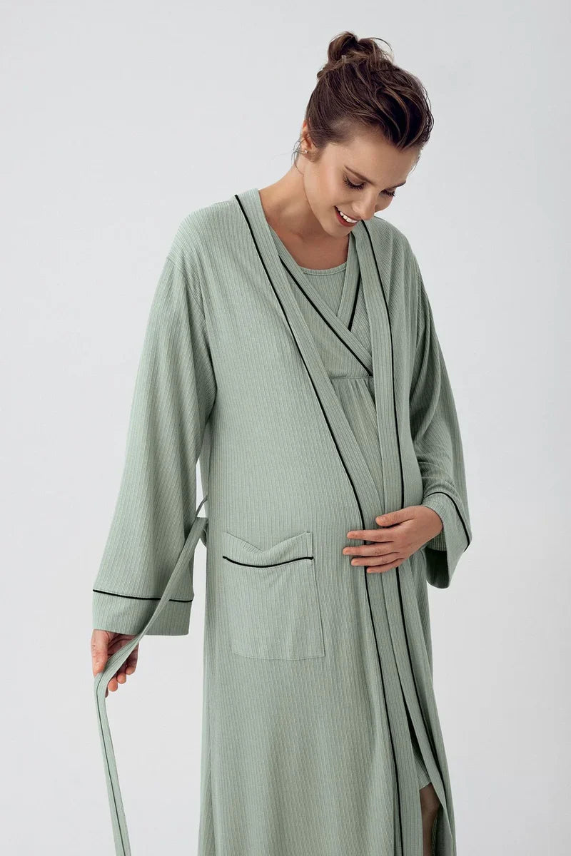 Double Breasted Maternity-Nursing Nightgown & Robe Set Green - 16402