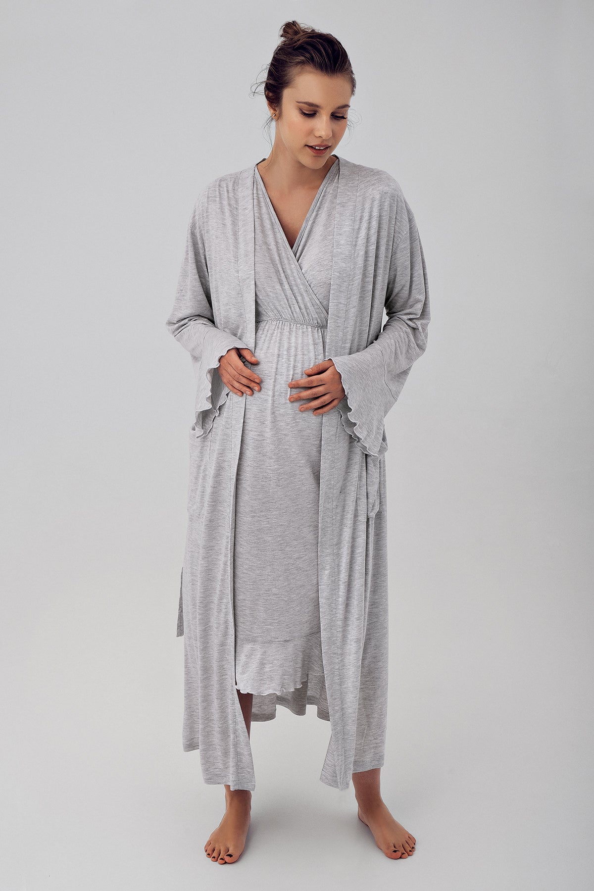 Double Breasted Maternity-Nursing Nightgown & Flywheel Arm Robe Set Grey - 16409