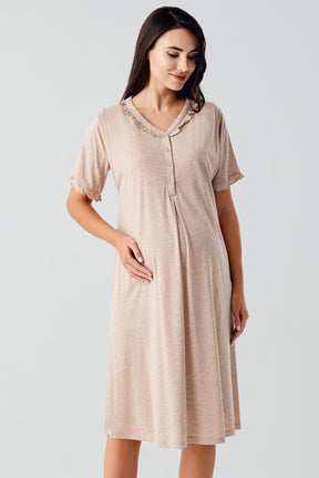 Pleated Double Breastfeeding Maternity & Nursing Nightgown Coffee - 17100