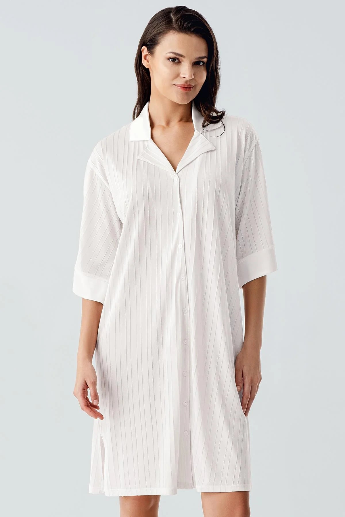 Jacquard Shirt Collar Maternity & Nursing Nightgown Ecru - 17102