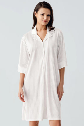 Jacquard Shirt Collar Maternity & Nursing Nightgown Ecru - 17102