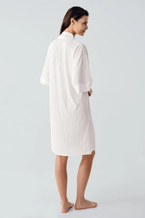 Jacquard Shirt Collar Maternity & Nursing Nightgown Ecru - 17102