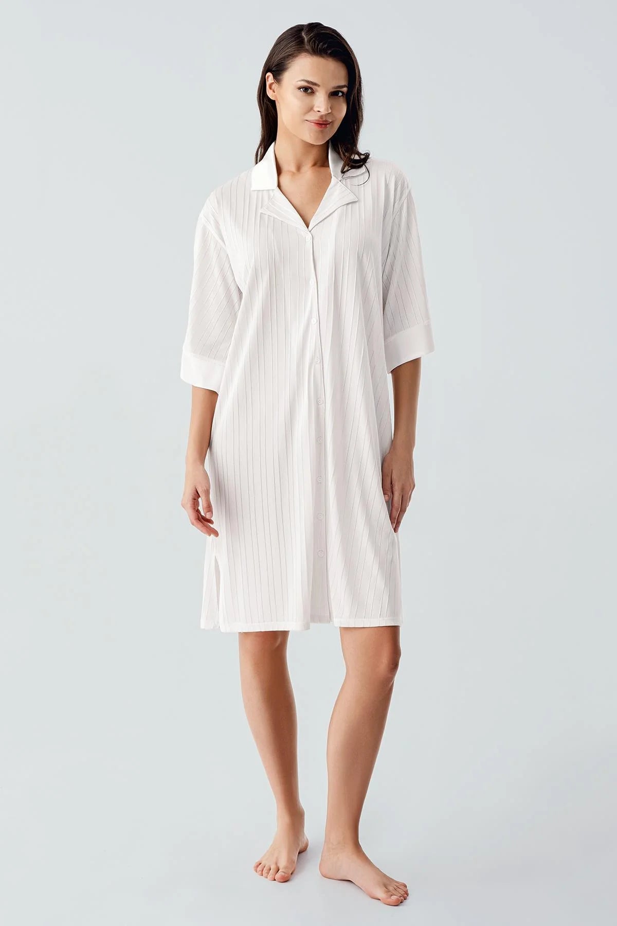 Jacquard Shirt Collar Maternity & Nursing Nightgown Ecru - 17102