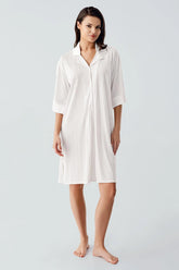 Jacquard Shirt Collar Maternity & Nursing Nightgown Ecru - 17102