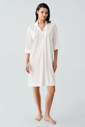 Jacquard Shirt Collar Maternity & Nursing Nightgown Ecru - 17102