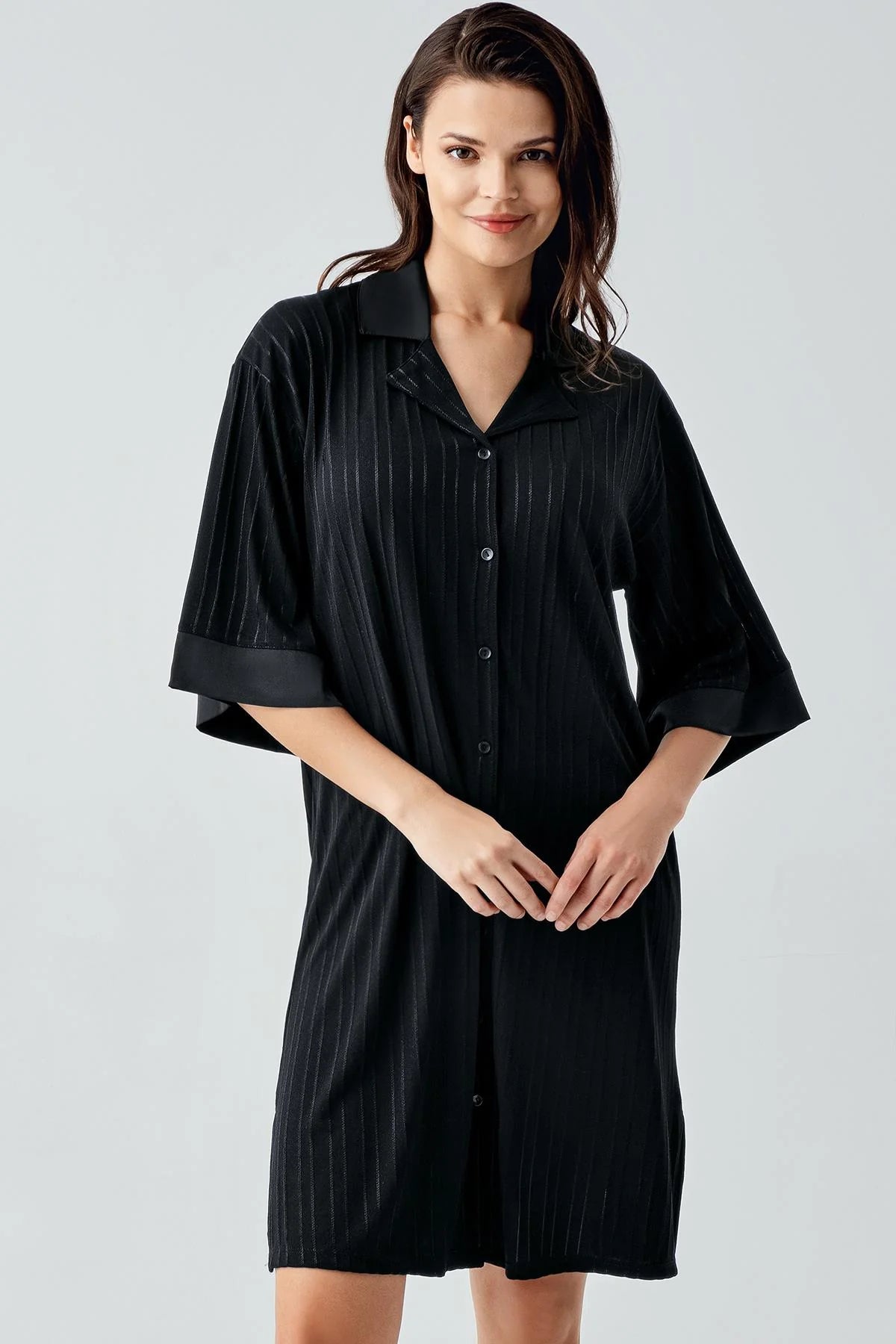 Jacquard Shirt Collar Maternity & Nursing Nightgown Black - 17102
