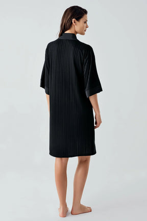 Jacquard Shirt Collar Maternity & Nursing Nightgown Black - 17102