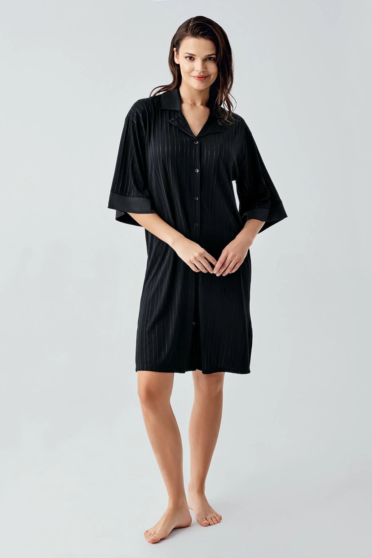 Jacquard Shirt Collar Maternity & Nursing Nightgown Black - 17102