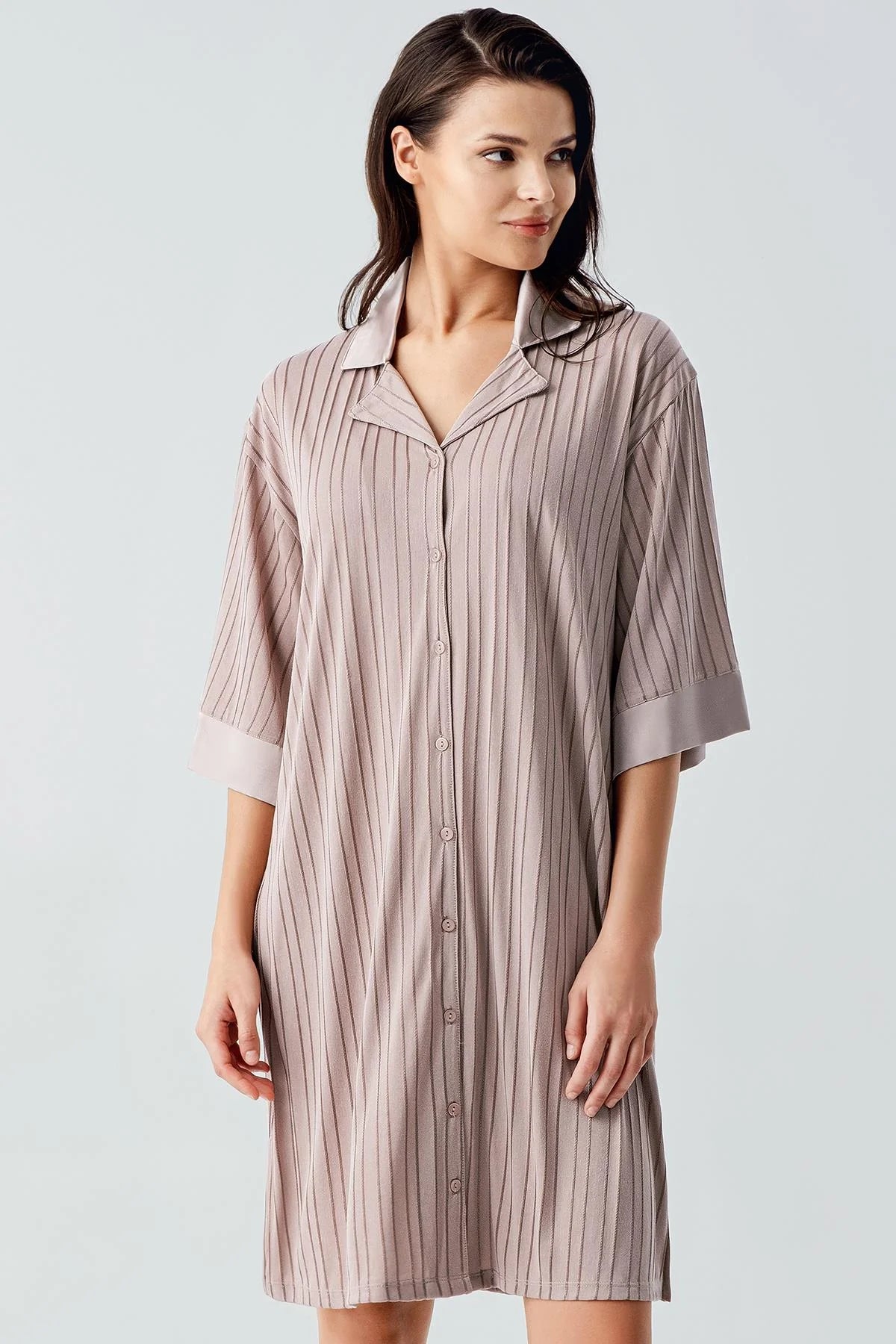 Jacquard Shirt Collar Maternity & Nursing Nightgown Mink - 17102