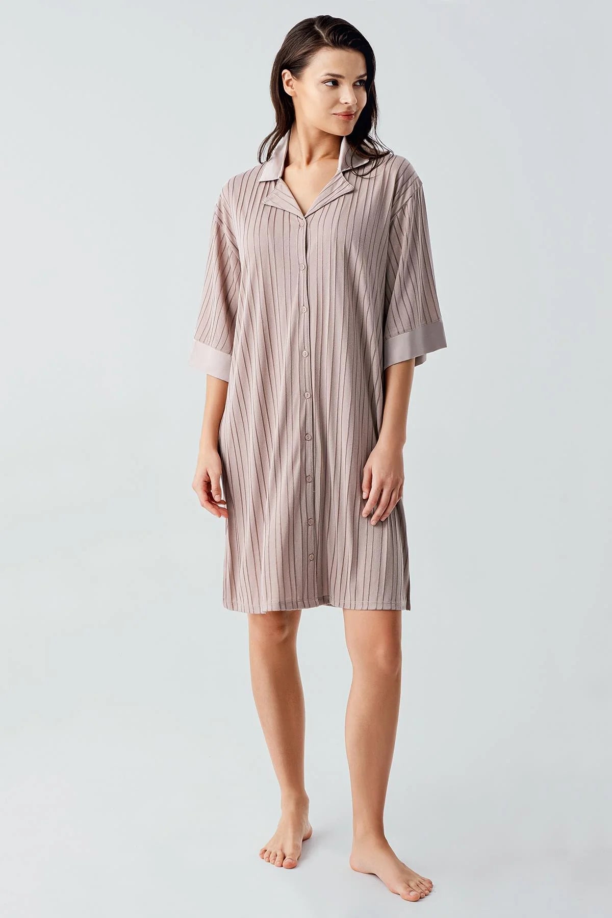 Jacquard Shirt Collar Maternity & Nursing Nightgown Mink - 17102