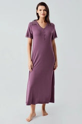 Lace Collar Plus Size Maternity & Nursing Nightgown Plum - 17106