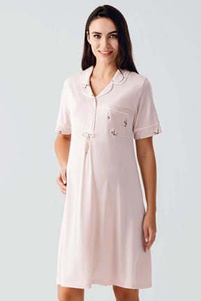 Bow Pattern Maternity & Nursing Nightgown Salmon - 17107
