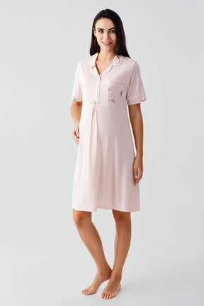 Bow Pattern Maternity & Nursing Nightgown Salmon - 17107