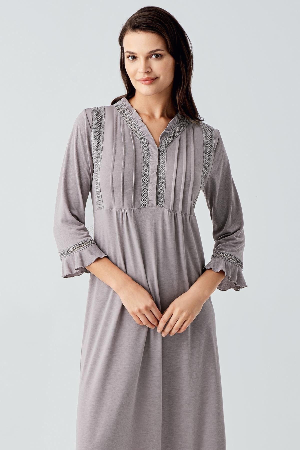 Lace Detailed Plus Size Maternity & Nursing Nightgown Grey - 17110