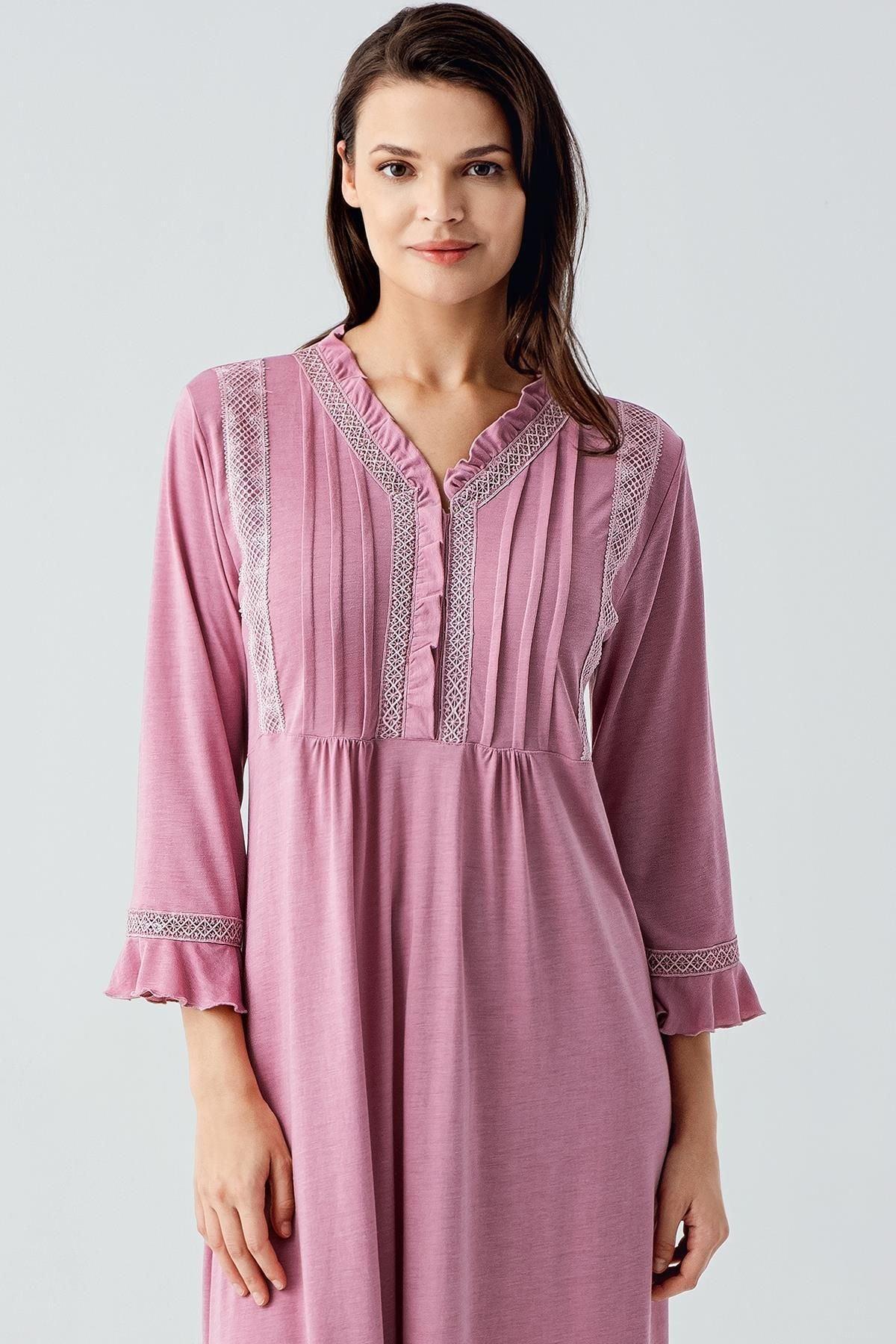 Lace Detailed Plus Size Maternity & Nursing Nightgown Dried Rose - 17110