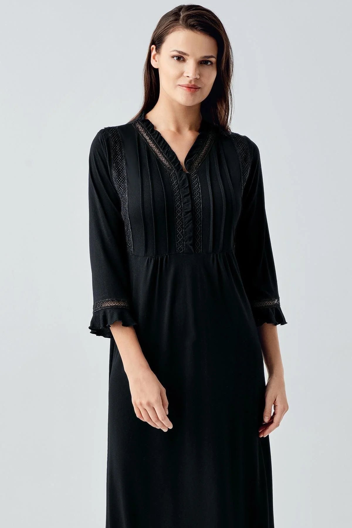 Lace Detailed Plus Size Maternity & Nursing Nightgown Black - 17110