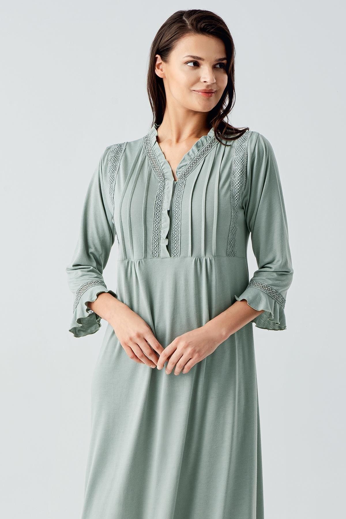 Lace Detailed Plus Size Maternity & Nursing Nightgown Green - 17110