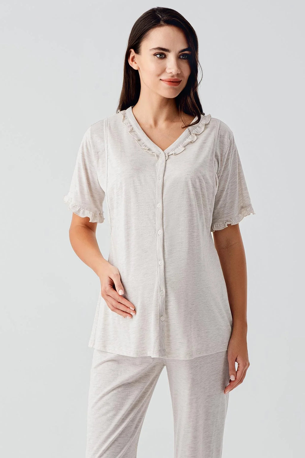Pleated Double Breastfeeding Maternity Feeding-Friendly Pajama Set Beige - S17200