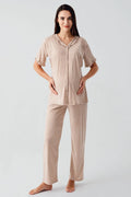 Pleated Double Breastfeeding Maternity Feeding-Friendly Pajama Set Coffee - S17200