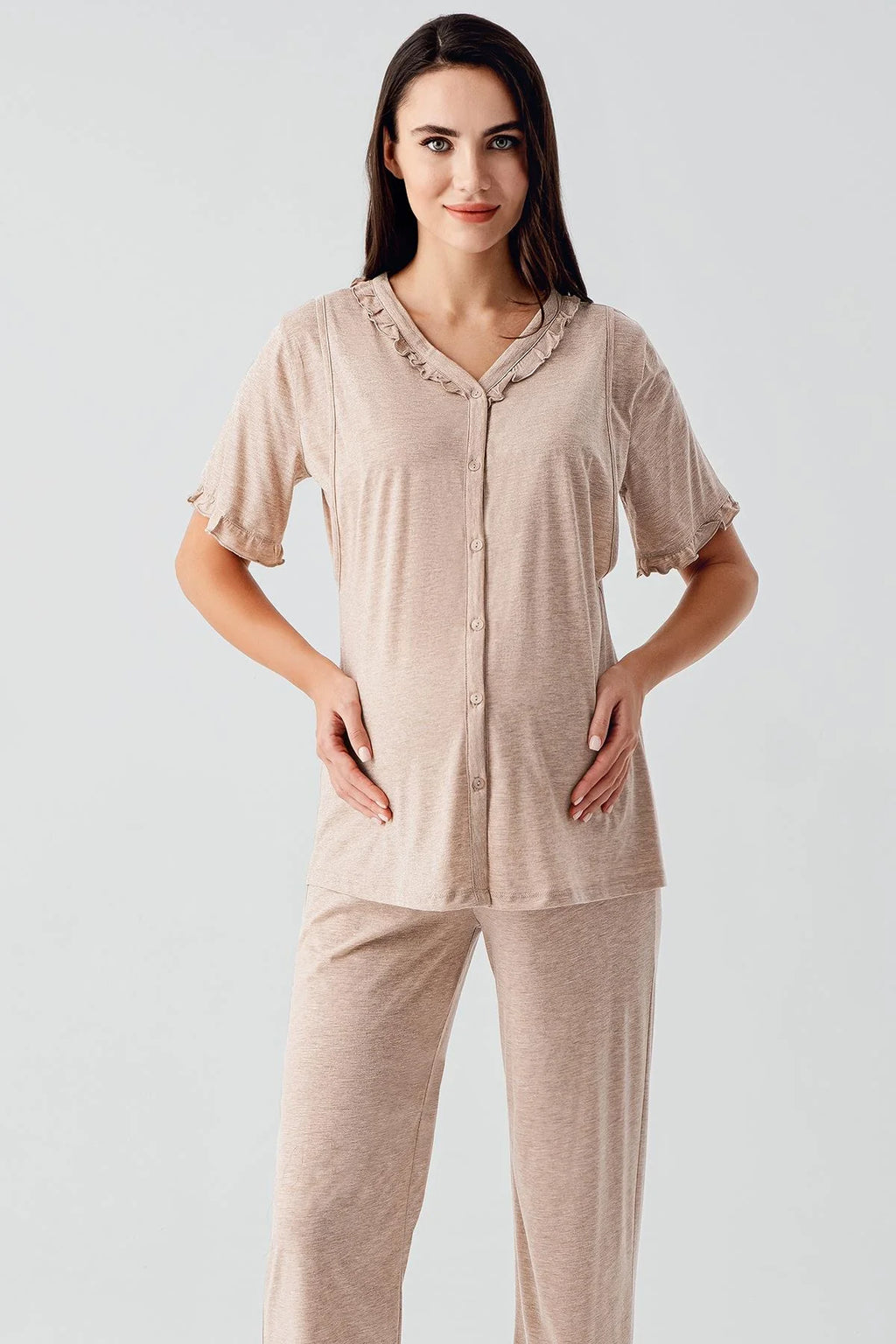 Pleated Double Breastfeeding Maternity Feeding-Friendly Pajama Set Coffee - S17200
