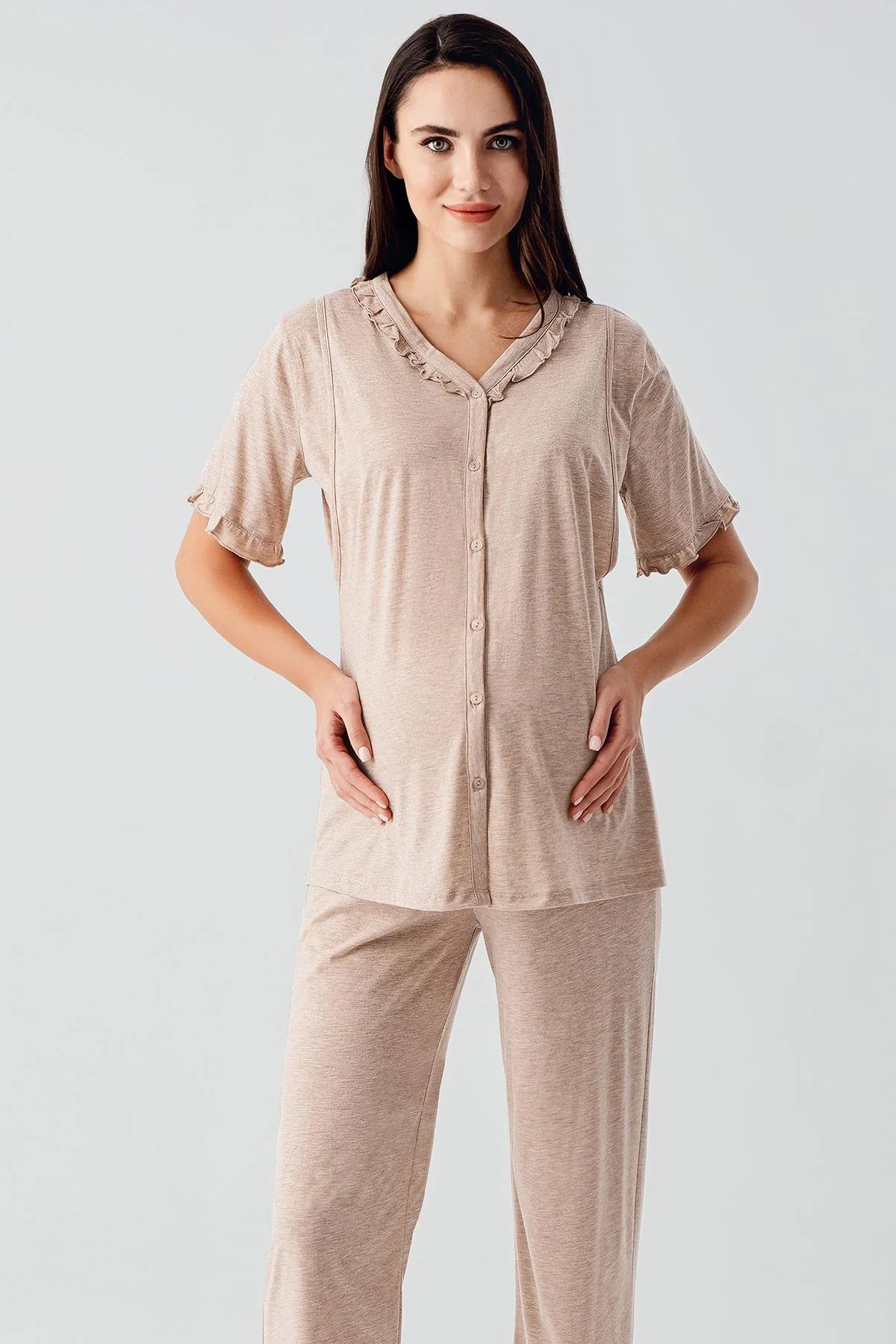 Pleated Double Breastfeeding Maternity Feeding-Friendly Pajama Set Coffee - S17200