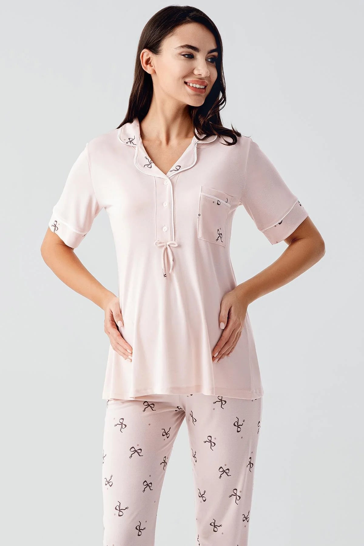 Bow Pattern Maternity Feeding-Friendly Pajama Set Salmon - S17207