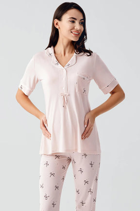 Bow Pattern Maternity & Nursing Pajama Set Salmon - 17207