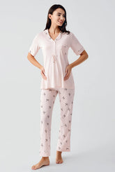Bow Pattern Maternity & Nursing Pajama Set Salmon - 17207