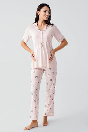 Bow Pattern Maternity & Nursing Pajama Set Salmon - 17207