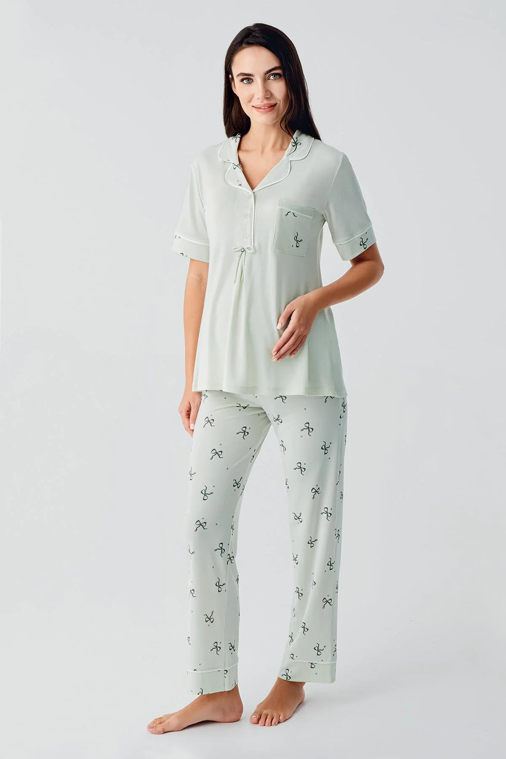 Bow Pattern Maternity Feeding-Friendly Pajama Set Green - S17207