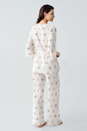 Polka Dot Kimono Maternity & Nursing Pajama Set Beige - 17212