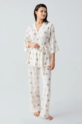 Polka Dot Kimono Maternity & Nursing Pajama Set Beige - 17212