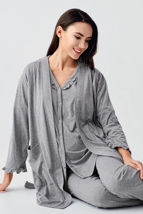 Pleated Double Breastfeeding 3-Piece Maternity-Nursing Pajama & Robe Set Grey - 17300