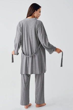 Pleated Double Breastfeeding 3-Piece Maternity-Nursing Pajama & Robe Set Grey - 17300