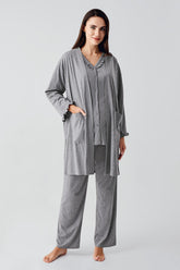 Pleated Double Breastfeeding 3-Piece Maternity-Nursing Pajama & Robe Set Grey - 17300