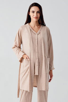 Pleated Double Breastfeeding 3-Piece Maternity-Nursing Pajama & Robe Set Coffee - 17300