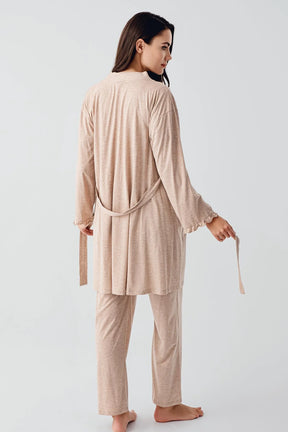 Pleated Double Breastfeeding 3-Piece Maternity-Nursing Pajama & Robe Set Coffee - 17300