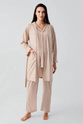 Pleated Double Breastfeeding 3-Piece Maternity-Nursing Pajama & Robe Set Coffee - 17300