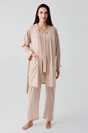 Pleated Double Breastfeeding 3-Piece Maternity-Nursing Pajama & Robe Set Coffee - 17300