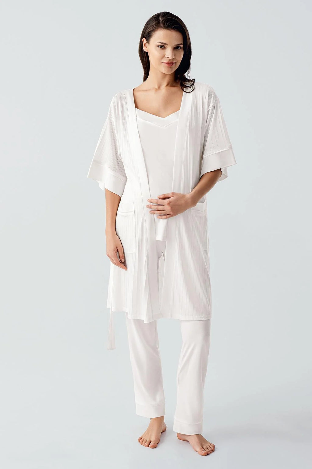 Strappy 3-Piece Maternity Feeding-Friendly Pajama & Jacquard Robe Set Ecru - S17301