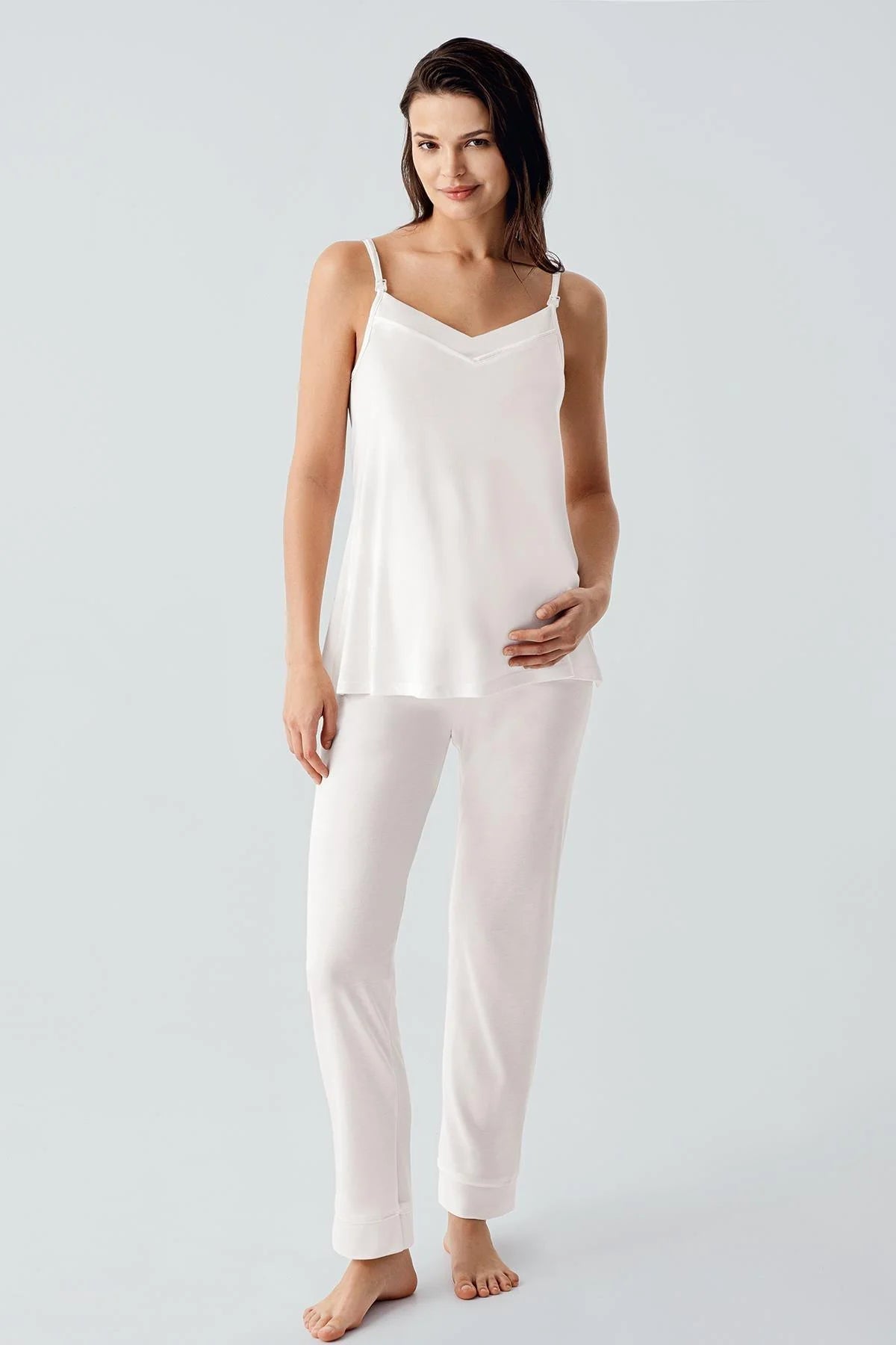 Strappy 3-Piece Maternity Feeding-Friendly Pajama & Jacquard Robe Set Ecru - S17301