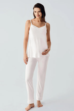 Strappy 3-Piece Maternity-Nursing Pajama & Jacquard Robe Set Ecru - 17301