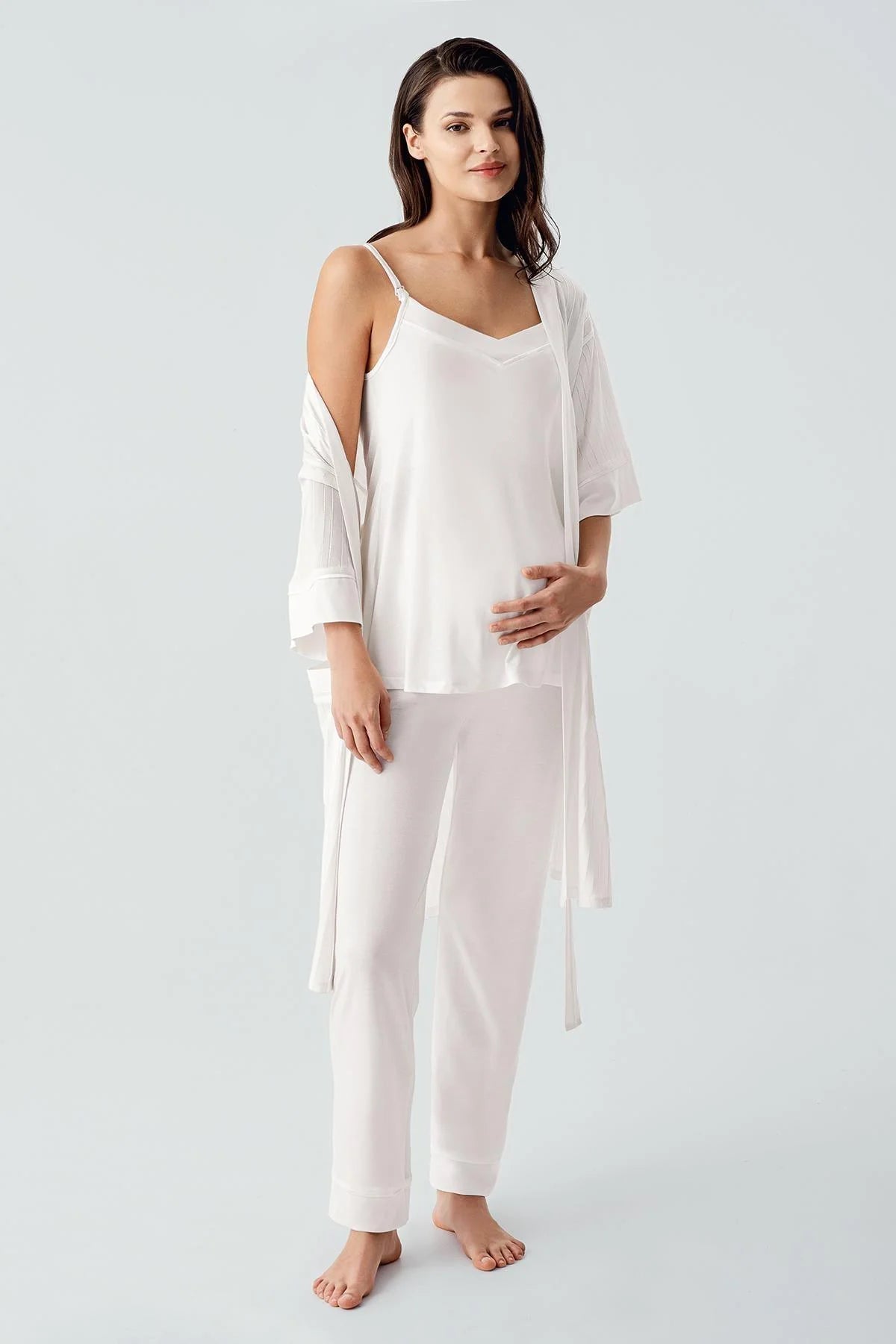 Strappy 3-Piece Maternity Feeding-Friendly Pajama & Jacquard Robe Set Ecru - S17301