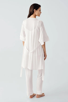 Strappy 3-Piece Maternity-Nursing Pajama & Jacquard Robe Set Ecru - 17301