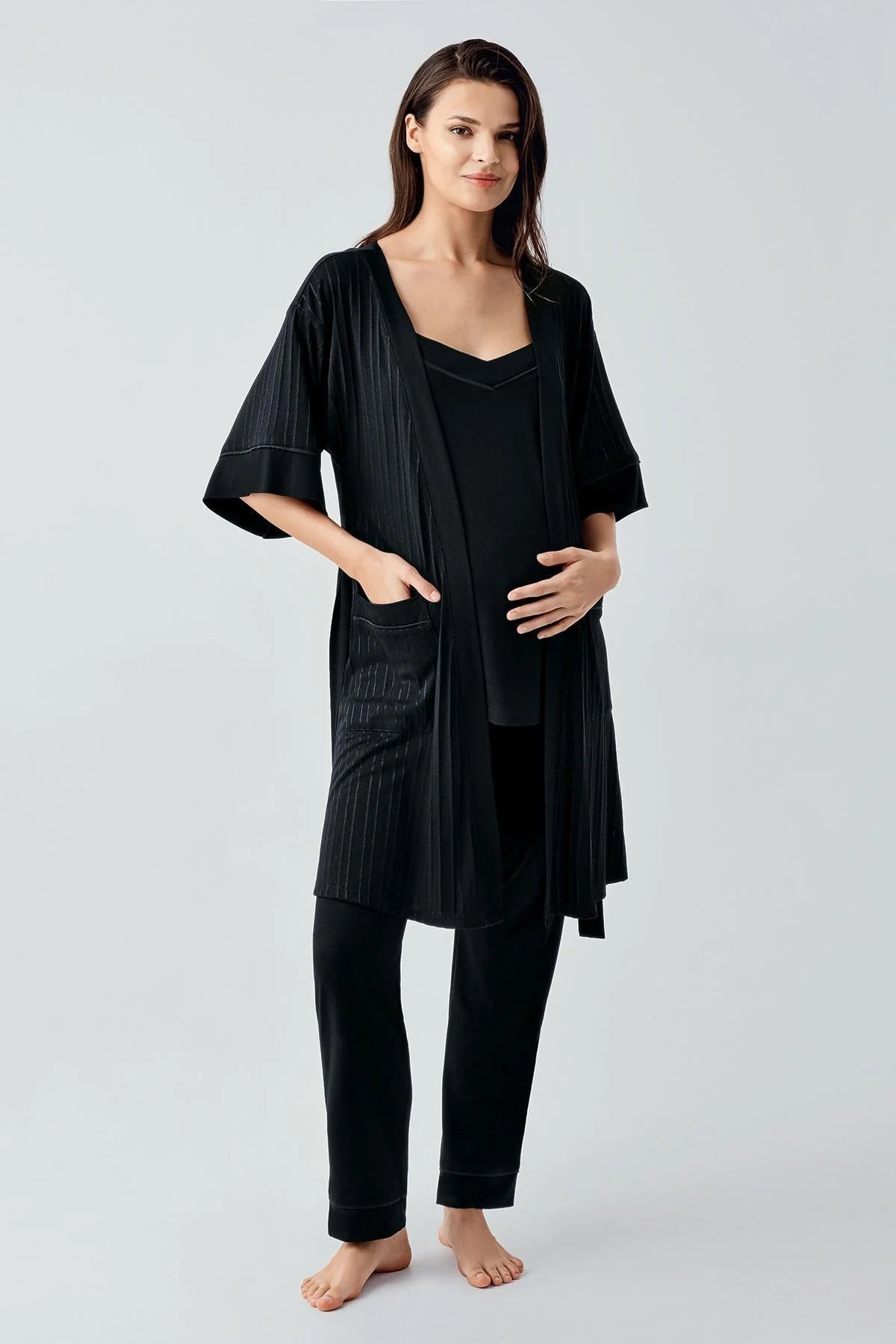 Strappy 3-Piece Maternity-Nursing Pajama & Jacquard Robe Set Black - 17301